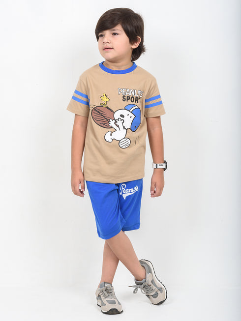 The Peanuts Sport Cotton Short Set (Beige & Blue)