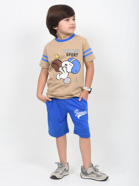 The Peanuts Sport Cotton Short Set (Beige & Blue)