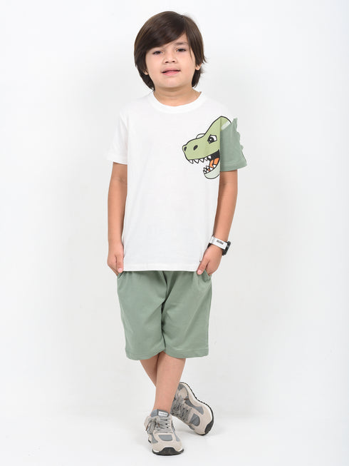 Jurassic Jumper Cotton Short Set (White & Sage Green)