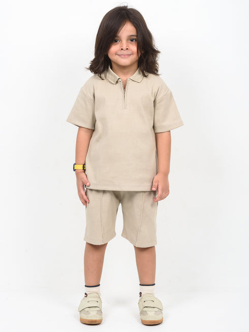 Classic Zip Polo Set (Light Beige)