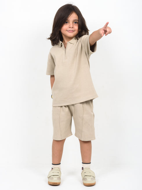 Classic Zip Polo Set (Light Beige)