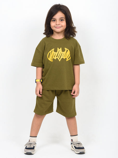 Oversized Bat Signal Cotton Short Set (Khaki Olive)