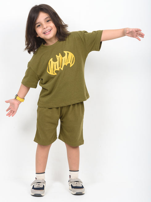 Oversized Bat Signal Cotton Short Set (Khaki Olive)