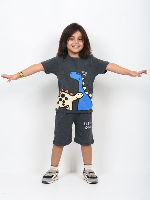 The Little Dino Cotton Short Set (Charcoal Grey)