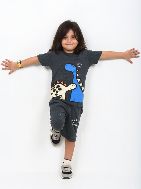 The Little Dino Cotton Short Set (Charcoal Grey)