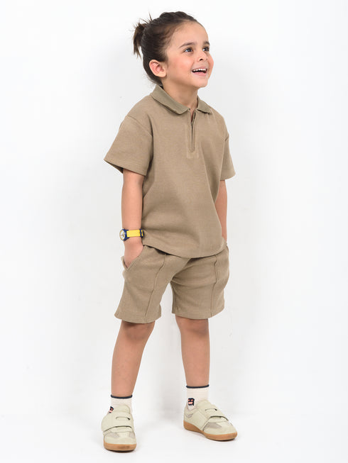 Classic Zip Polo Set (Dark Beige)
