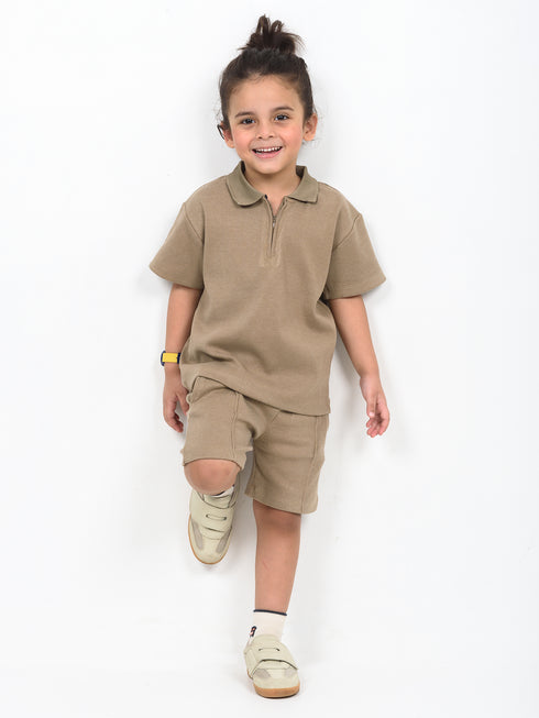 Classic Zip Polo Set (Dark Beige)