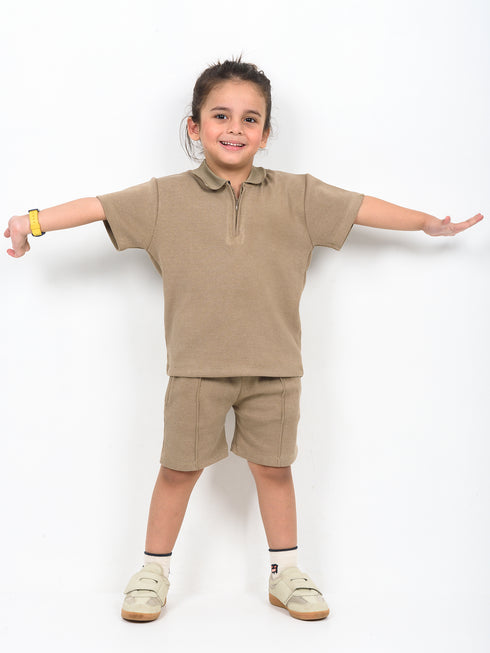 Classic Zip Polo Set (Dark Beige)