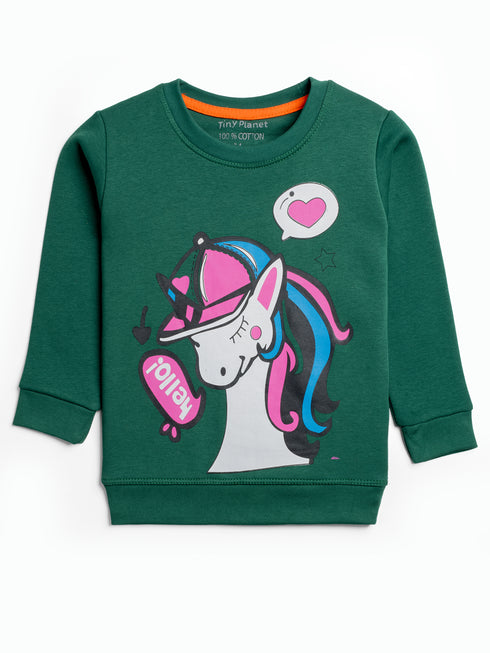 Unicorn Printed Fleece Suit (Dark Green)