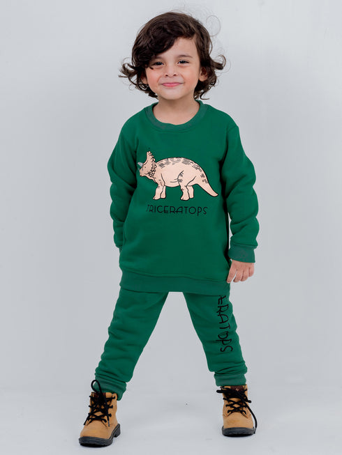 Triceratops Printed Fleece Suit (Dark Green)