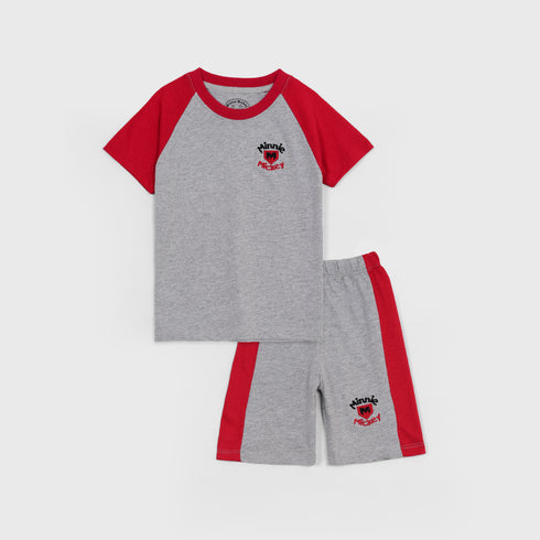 Minnie Mickey Embroidered Short Set (Red-Grey)