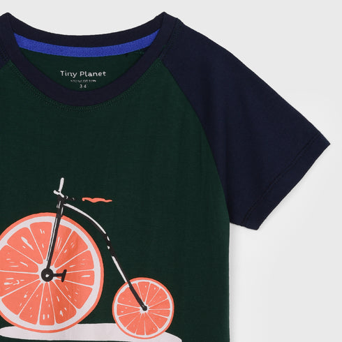 Orange Bicycle Printed Cotton Short Set (Dark Green)