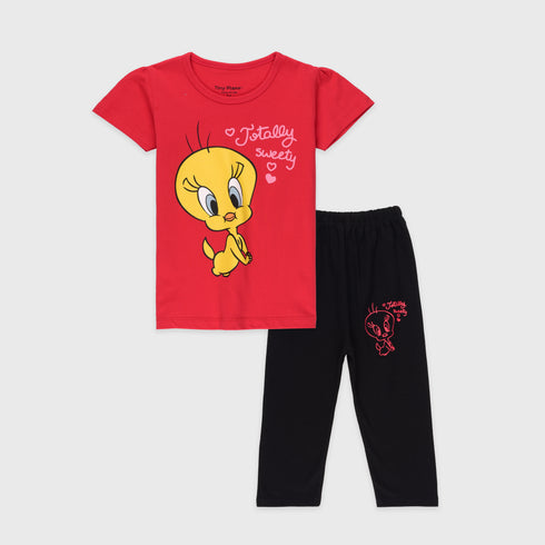 Tweety Printed Cotton Pajama Set (Red)