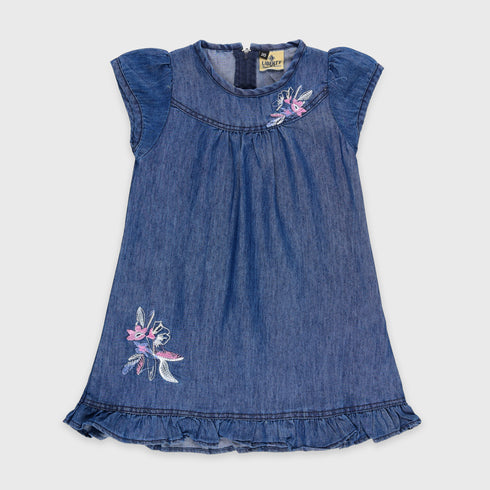 Denim Flowers Embroided Frock (Blue)