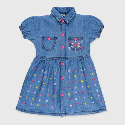 Denim Hearts and Stars Printed Frock (Blue)