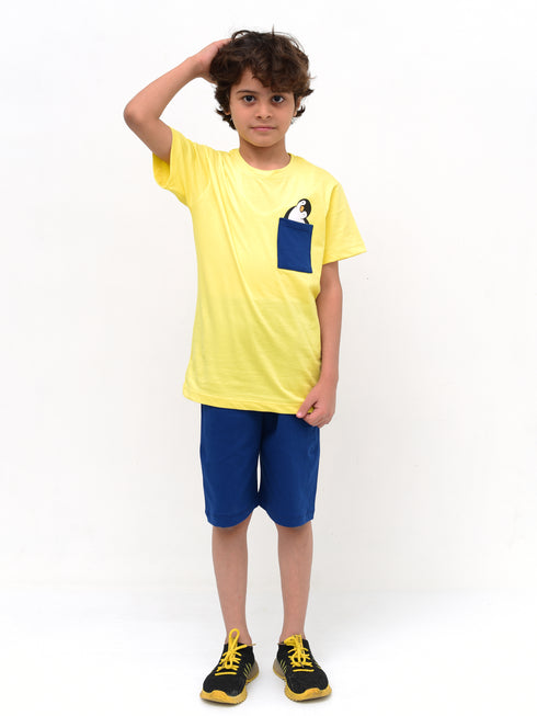 Penguin Pocket Cotton Short Set (Yellow-Blue)