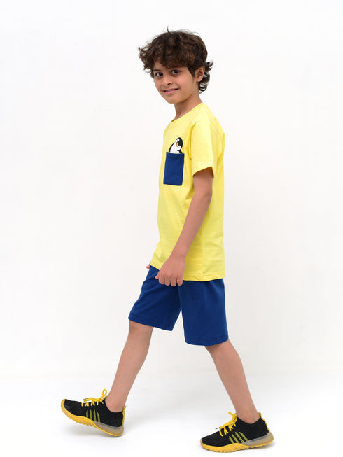 Penguin Pocket Cotton Short Set (Yellow-Blue)