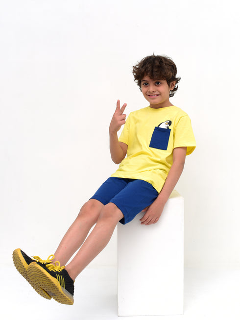 Penguin Pocket Cotton Short Set (Yellow-Blue)