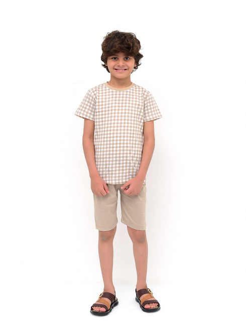 Checkered Cotton Short Set (Beige)