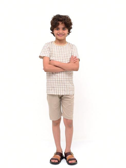 Checkered Cotton Short Set (Beige)