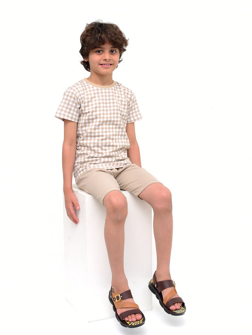 Checkered Cotton Short Set (Beige)