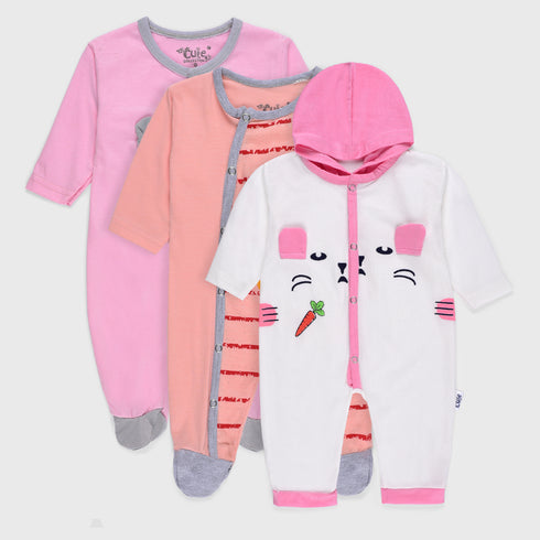 3-Pack Hooded Sleep Suit (Orange/White/Pink)