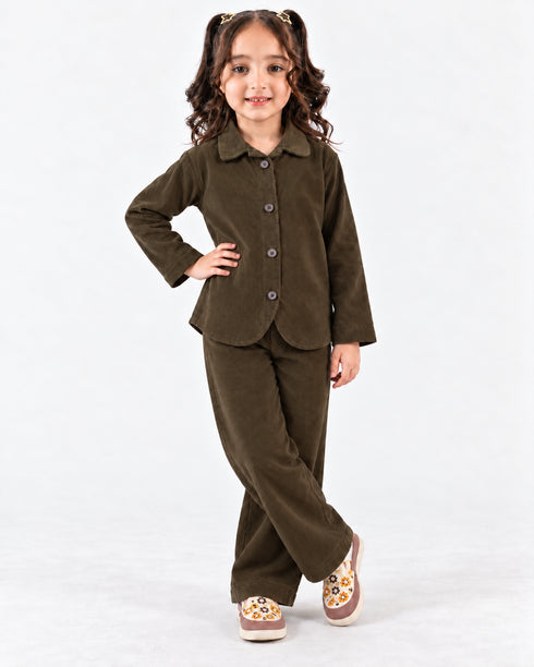 Imported Corduroy Button-Down 2 Piece Set (Dark Olive)