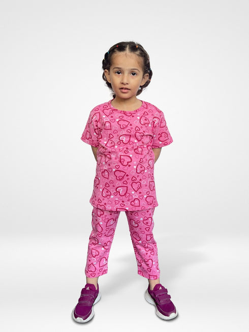 Hearts Printed Terry Pajama Set (Pink)