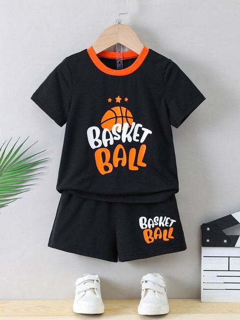 Basket Ball Printed Cotton Short Set (Black)