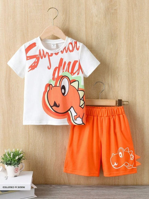 Dino Printed Cotton Short Set (White/Orange)
