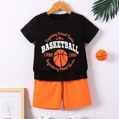 Basket Ball Printed Cotton Short Set (Black/Orange)