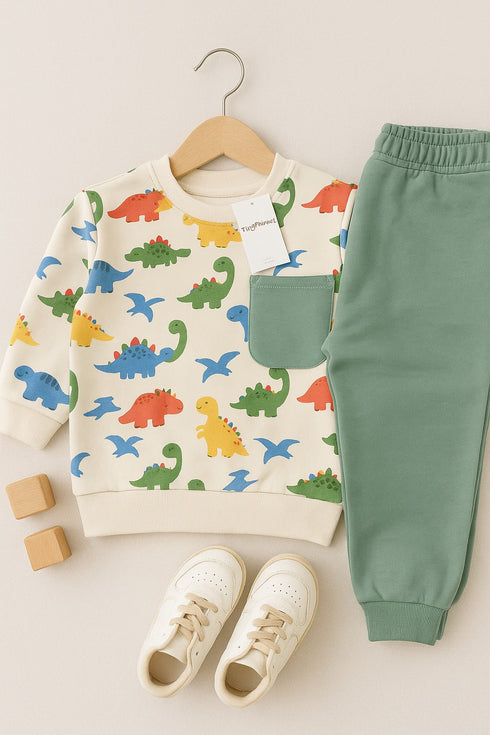 Dino Themed Fleece Suit (Cream-Green)