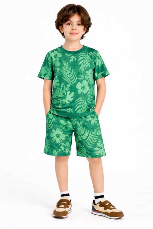 Tropical Leaf Cozy Cotton Short Set (Jungle Green)