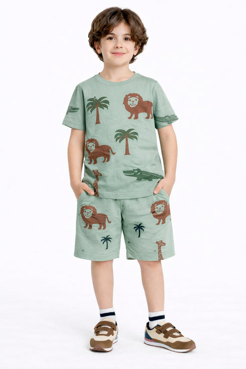 Jungle Jamboree Cotton Short Set (Muted Green)