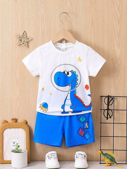 Happy Dino Cotton Short Set (Blue)