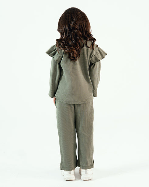 Frill Sleeves Imported Ribbed Classic Polo 2 Piece Set (Olive Green)