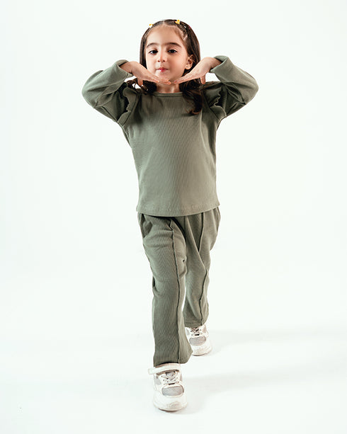 Frill Sleeves Imported Ribbed Classic Polo 2 Piece Set (Olive Green)