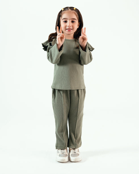 Frill Sleeves Imported Ribbed Classic Polo 2 Piece Set (Olive Green)