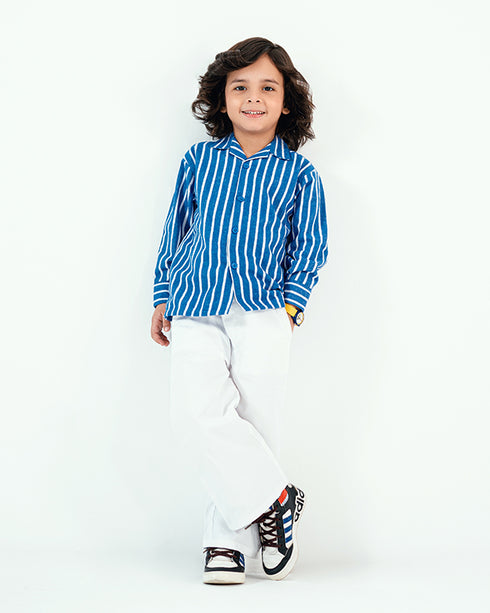 Striped Imported Flannel Shirt with Cotton Trouser 2 Piece Set (Blue & White)