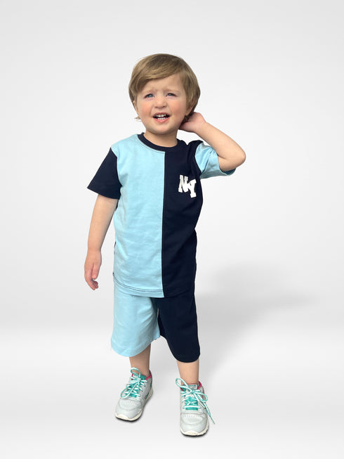 Color Block Cotton Short Set (Navy/Sky Blue)