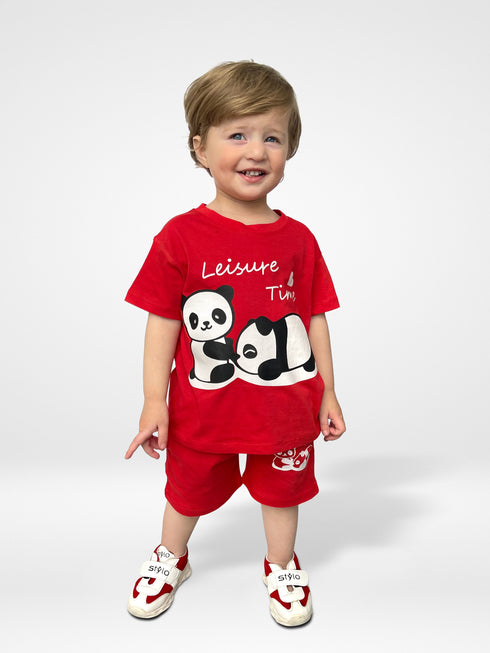 Lazy Panda Cotton Short Set (Red)