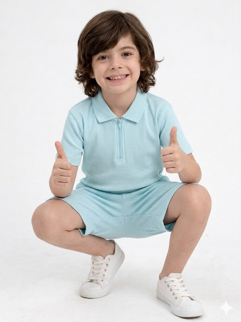 Classic Zip Polo Set (Mint Blue)