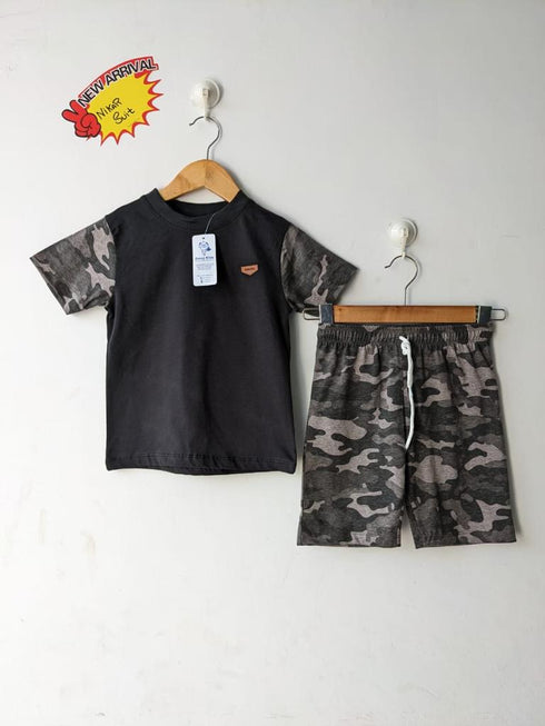 Camo Printed Cotton Short Set (Black-Grey)