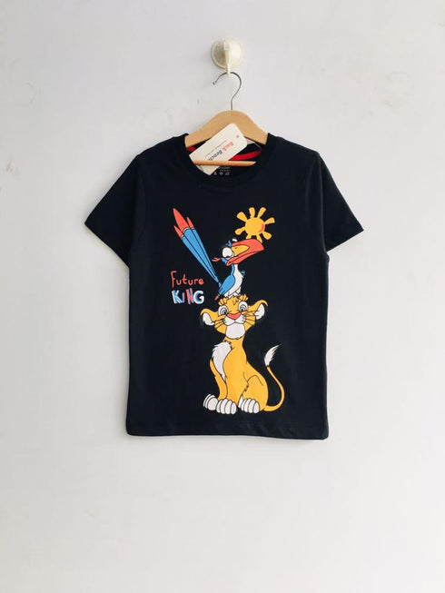 Cartoon Printed Cotton T-Shirt (Future King-Black)