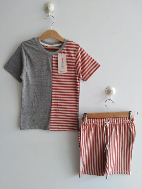 Striped Cotton Short Set (Orange-Grey)